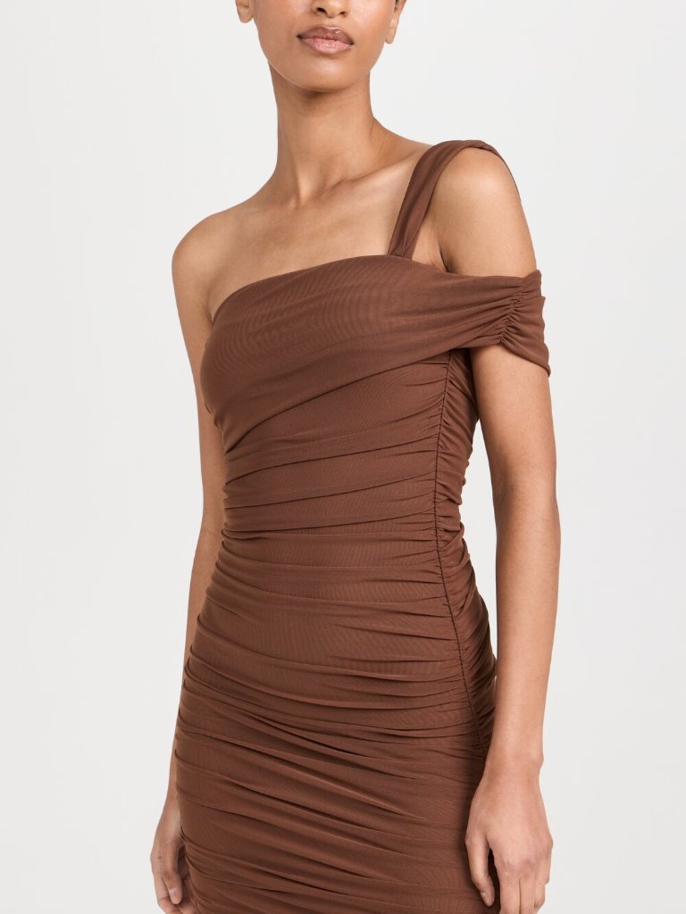 RE ONA Ruched Mesh Mini Bodycon Dress One-Shoulder Chocolate Brown | Size S